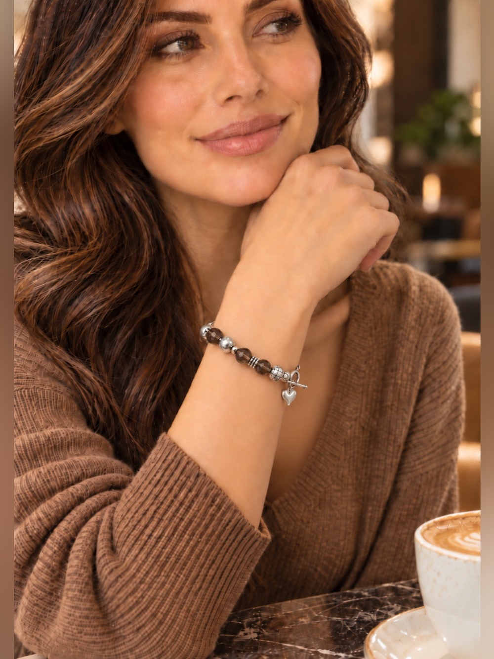 Silpada Sterling Smoky Quartz w/Textured Sterling Beads, & Heart Charm Bracelet